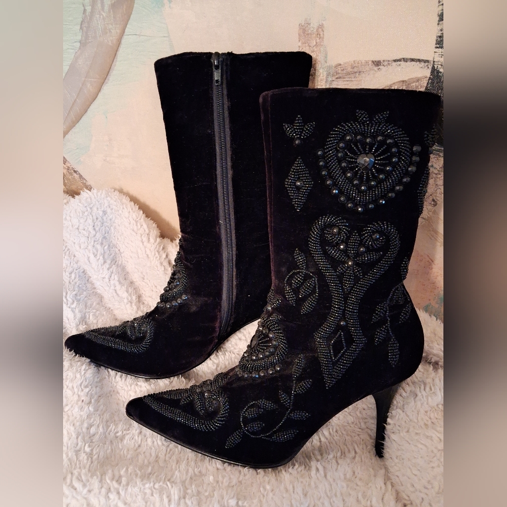 Vintage Sequin Velvet Black Boots